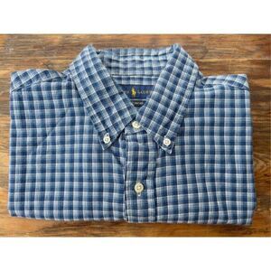 Ralph Lauren Plaid Short Sleeve Button Up‎ Shirt Blue White Large